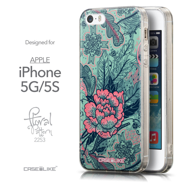 Front & Side View - CASEiLIKE Apple iPhone 5GS back cover Vintage Roses and Feathers Turquoise 2253
