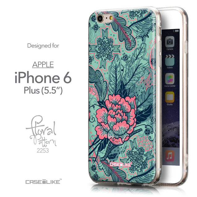 Front & Side View - CASEiLIKE Apple iPhone 6 Plus back cover Vintage Roses and Feathers Turquoise 2253