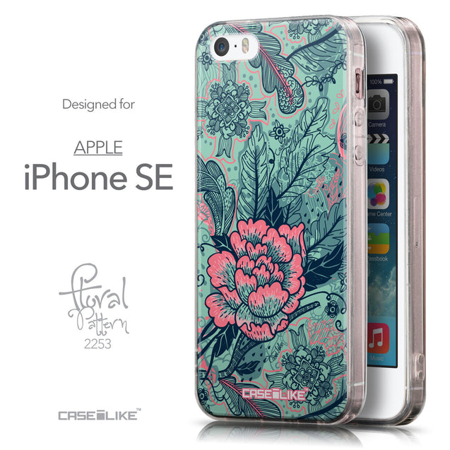Front & Side View - CASEiLIKE Apple iPhone SE back cover Vintage Roses and Feathers Turquoise 2253