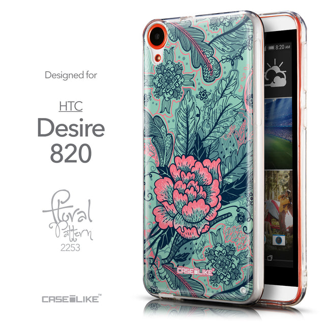 Front & Side View - CASEiLIKE HTC Desire 820 back cover Vintage Roses and Feathers Turquoise 2253