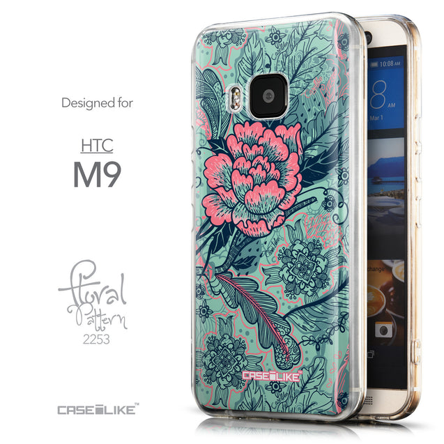 Front & Side View - CASEiLIKE HTC One M9 back cover Vintage Roses and Feathers Turquoise 2253