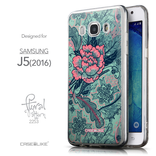 Front & Side View - CASEiLIKE Samsung Galaxy J5 (2016) back cover Vintage Roses and Feathers Turquoise 2253