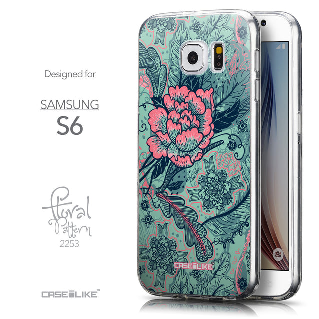 Front & Side View - CASEiLIKE Samsung Galaxy S6 back cover Vintage Roses and Feathers Turquoise 2253