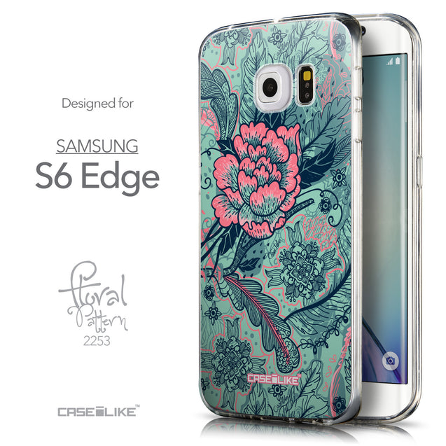 Front & Side View - CASEiLIKE Samsung Galaxy S6 Edge back cover Vintage Roses and Feathers Turquoise 2253