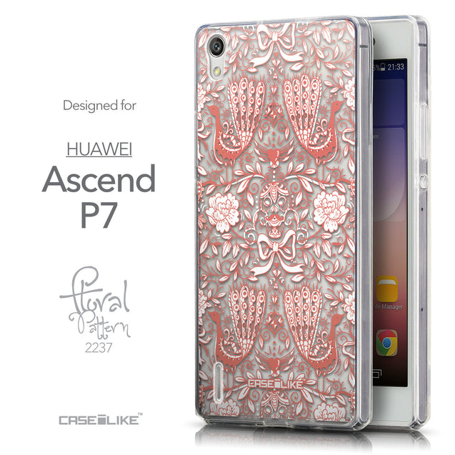 Front & Side View - CASEiLIKE Huawei Ascend P7 back cover Roses Ornamental Skulls Peacocks 2237