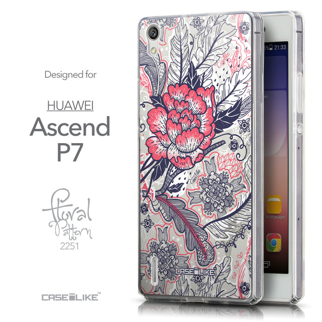 Front & Side View - CASEiLIKE Huawei Ascend P7 back cover Vintage Roses and Feathers Beige 2251