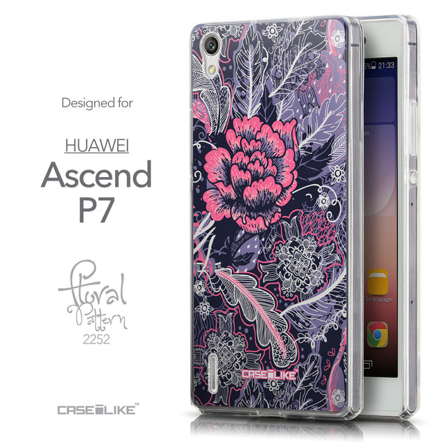 Front & Side View - CASEiLIKE Huawei Ascend P7 back cover Vintage Roses and Feathers Blue 2252