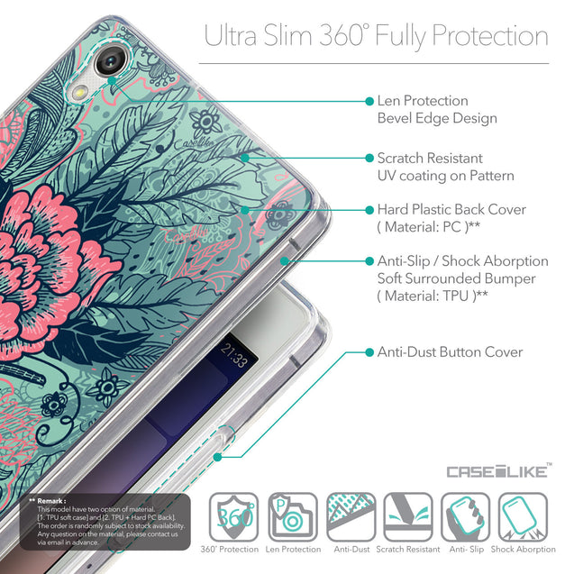 Details in English - CASEiLIKE Huawei Ascend P7 back cover Vintage Roses and Feathers Turquoise 2253