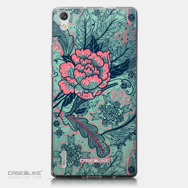 CASEiLIKE Huawei Ascend P7 back cover Vintage Roses and Feathers Turquoise 2253