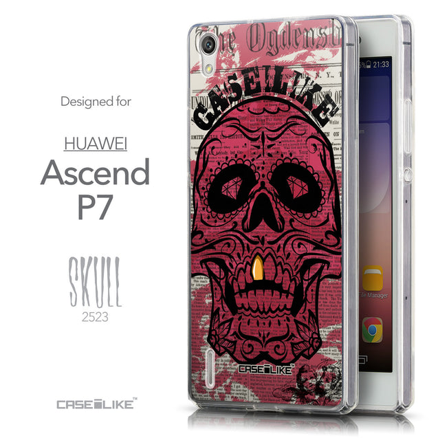 Front & Side View - CASEiLIKE Huawei Ascend P7 back cover Art of Skull 2523