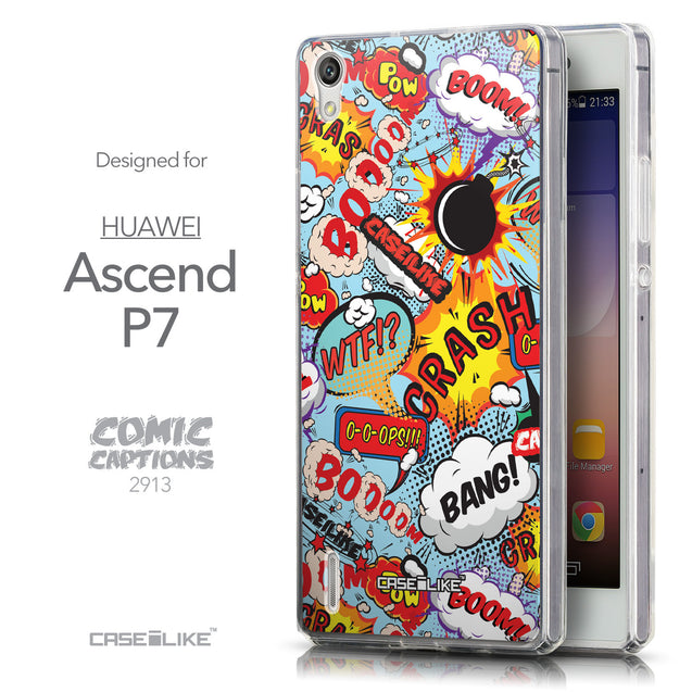 Front & Side View - CASEiLIKE Huawei Ascend P7 back cover Comic Captions Blue 2913