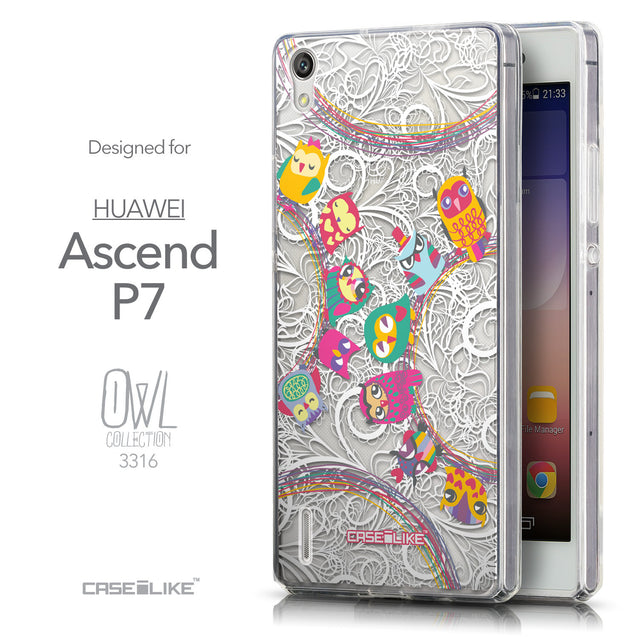 Front & Side View - CASEiLIKE Huawei Ascend P7 back cover Owl Graphic Design 3316