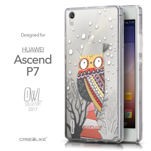 Front & Side View - CASEiLIKE Huawei Ascend P7 back cover Owl Graphic Design 3317