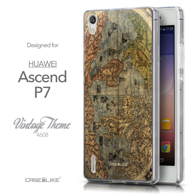 Front & Side View - CASEiLIKE Huawei Ascend P7 back cover World Map Vintage 4608
