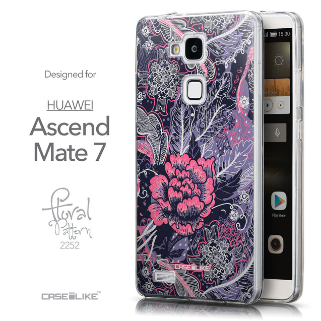 Front & Side View - CASEiLIKE Huawei Ascend Mate 7 back cover Vintage Roses and Feathers Blue 2252