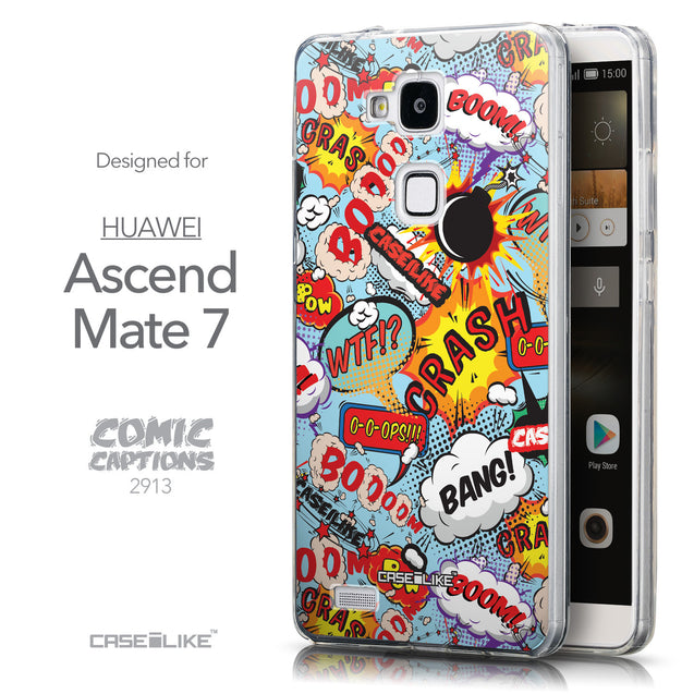Front & Side View - CASEiLIKE Huawei Ascend Mate 7 back cover Comic Captions Blue 2913