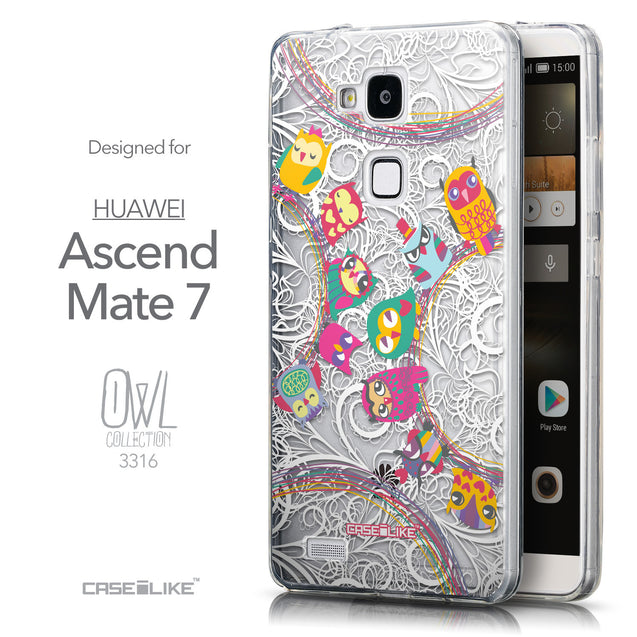 Front & Side View - CASEiLIKE Huawei Ascend Mate 7 back cover Owl Graphic Design 3316