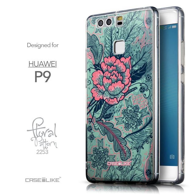 Front & Side View - CASEiLIKE Huawei P9 back cover Vintage Roses and Feathers Turquoise 2253