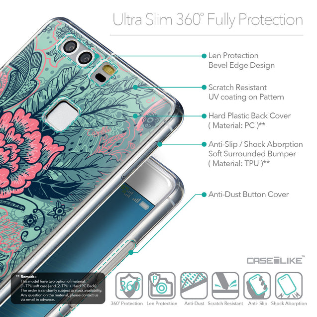 Details in English - CASEiLIKE Huawei P9 back cover Vintage Roses and Feathers Turquoise 2253