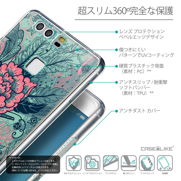 Details in Japanese - CASEiLIKE Huawei P9 back cover Vintage Roses and Feathers Turquoise 2253