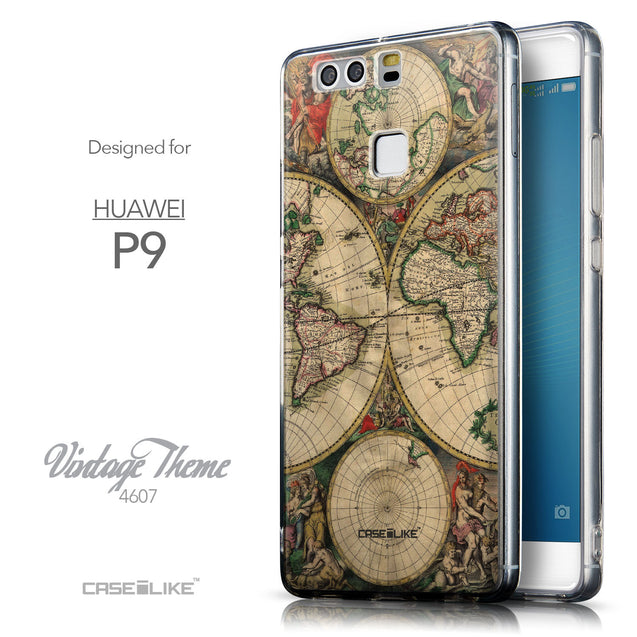 Front & Side View - CASEiLIKE Huawei P9 back cover World Map Vintage 4607