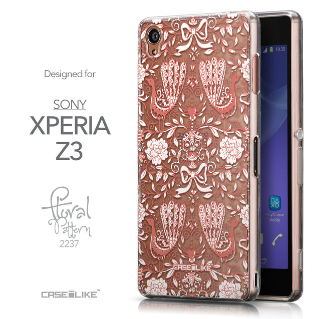 Front & Side View - CASEiLIKE Sony Xperia Z3 back cover Roses Ornamental Skulls Peacocks 2237