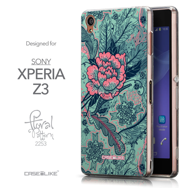 Front & Side View - CASEiLIKE Sony Xperia Z3 back cover Vintage Roses and Feathers Turquoise 2253