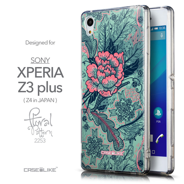 Front & Side View - CASEiLIKE Sony Xperia Z3 Plus back cover Vintage Roses and Feathers Turquoise 2253