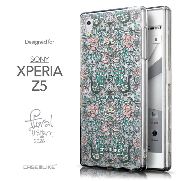 Front & Side View - CASEiLIKE Sony Xperia Z5 back cover Roses Ornamental Skulls Peacocks 2226